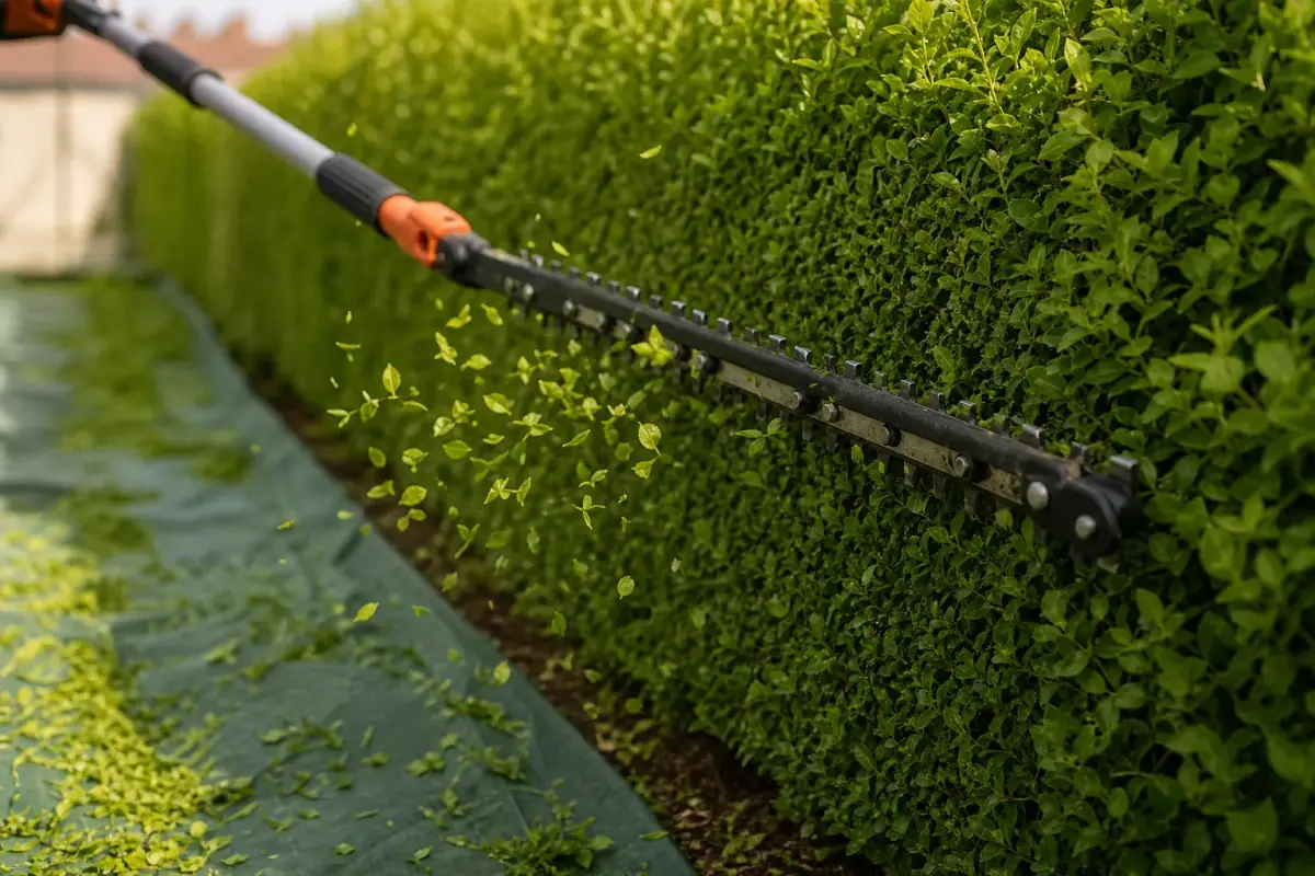 Gros plan d'un taille-haie en action sur le flanc d'une haie de charmille, coupe nette, copeaux verts qui tombent sur une bâche de ramassage.