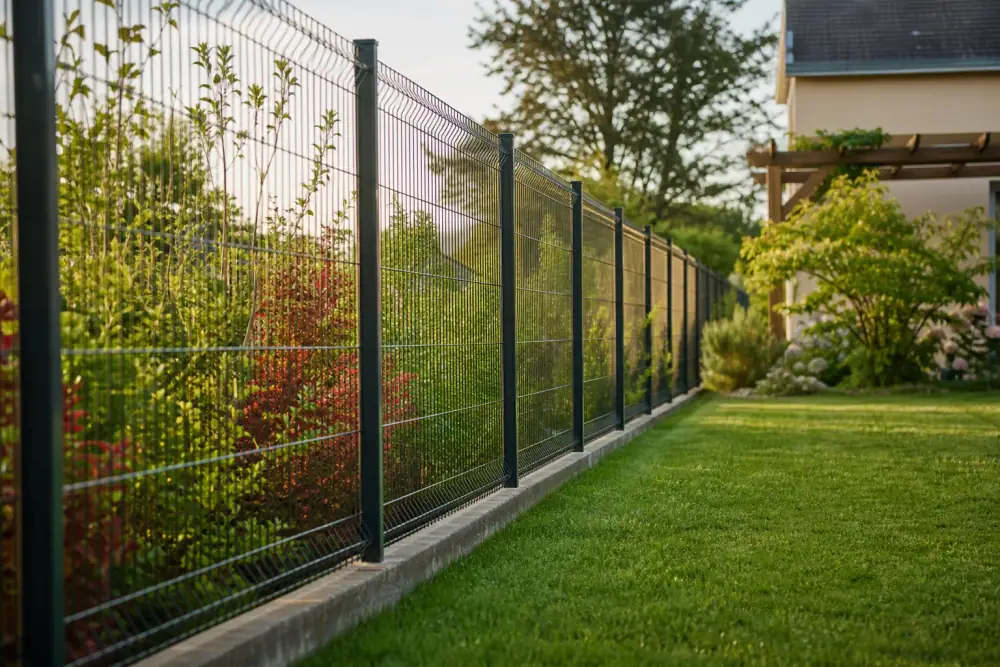 Photo horizontale d'un jardinier posant une clôture à panneaux rigides le long d'un jardin pavillonnaire, ligne parfaitement droite, lumière de fin de journée, ambiance soignée de l'Ouest de la France.