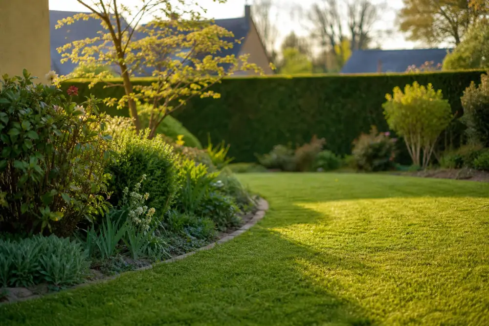 Jardin pavillonnaire soigné au Mans, pelouse fraîchement tondue avec bordures nettes, haie taillée en arrière-plan, lumière douce de fin d'après-midi, ambiance calme et reposante.