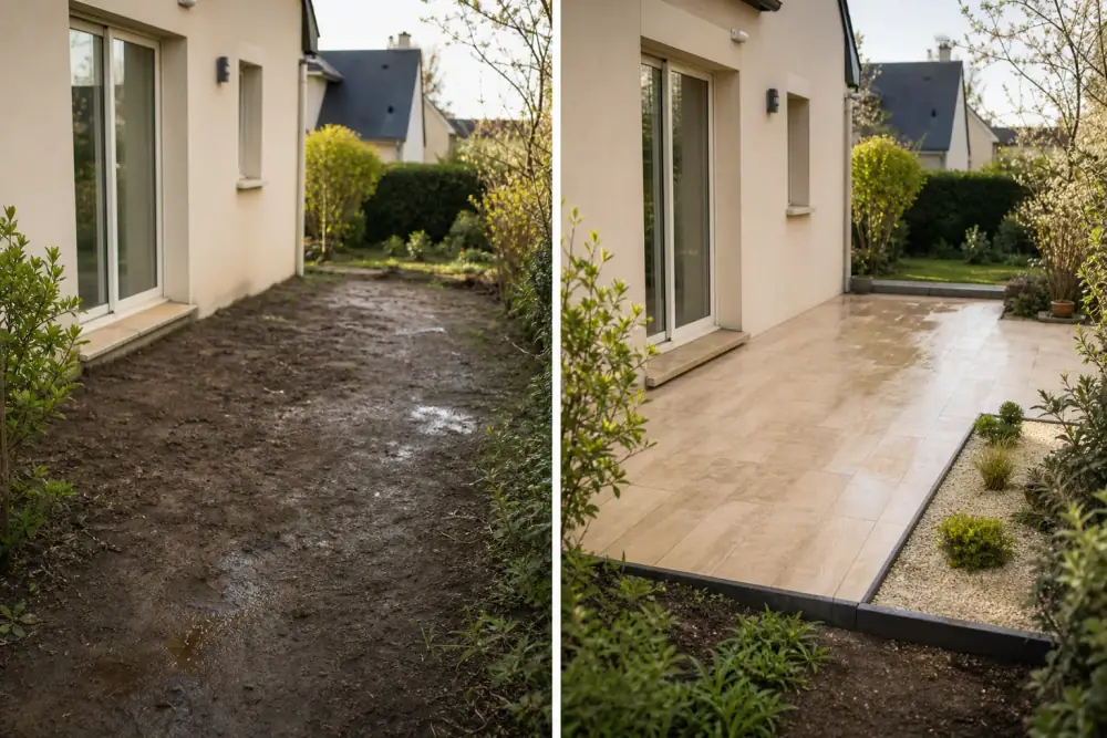 Photo avant et après : un coin de jardin nu et boueux transformé en terrasse propre avec bordures nettes et pente d'évacuation, sur un pavillon résidentiel.