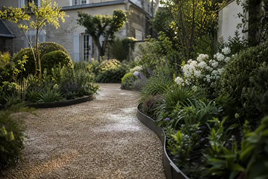 Photo d'une allée de jardin en gravier stabilisé serpentant entre des massifs fleuris devant une maison de ville mancelle, lumière douce de fin d'après-midi, sol légèrement humide après la pluie.