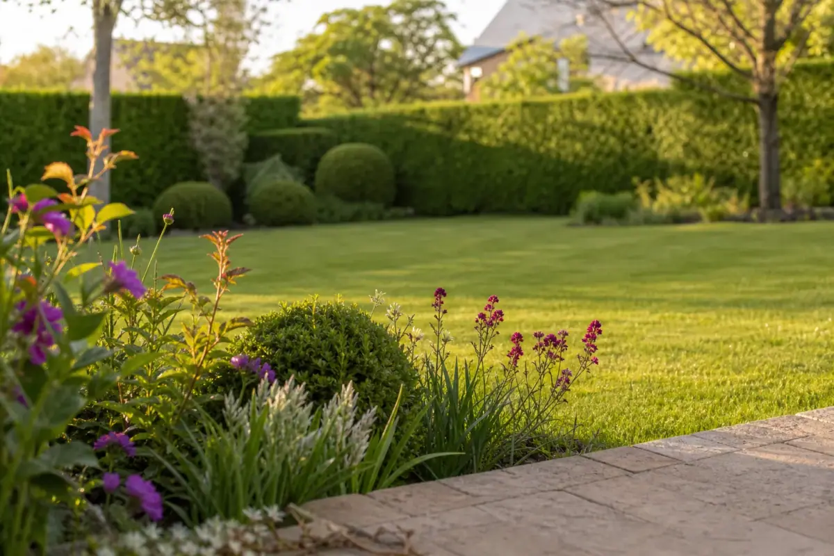 Jardin de particulier manceau vu depuis la terrasse : pelouse dense fraîchement tondue, haie de charmille taillée net, massif fleuri de vivaces au premier plan, lumière rasante dorée, aucune personne visible.