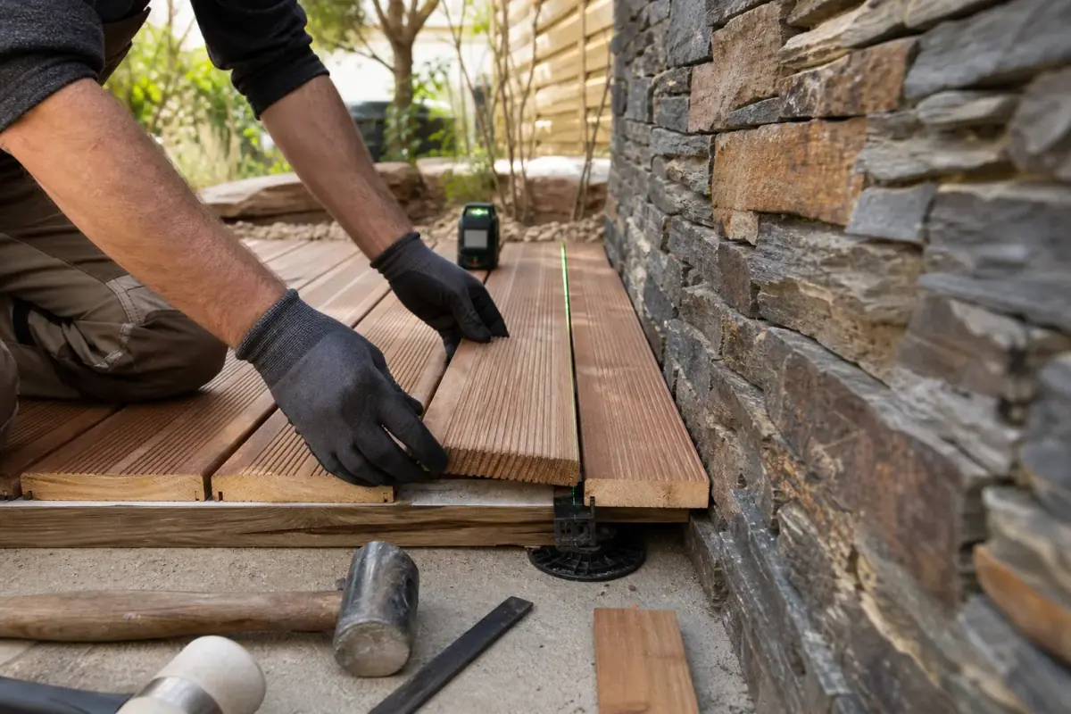 Gros plan sur la pose de lames de terrasse d'aplomb au niveau laser, coupes précises le long d'un mur en schiste, mains gantées d'un professionnel et outillage propre au sol.
