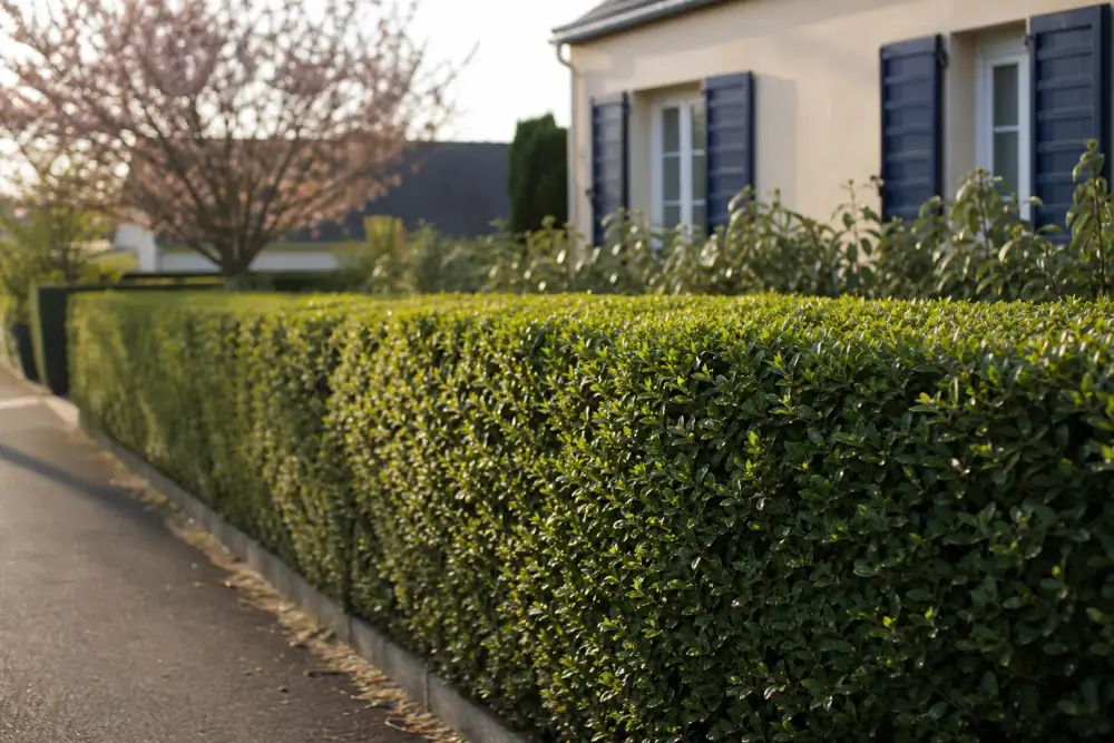 Haie de jardin pavillonnaire fraîchement taillée au cordeau devant une maison soignée, ligne nette et dense, lumière douce de fin de journée dans un quartier résidentiel du Mans.