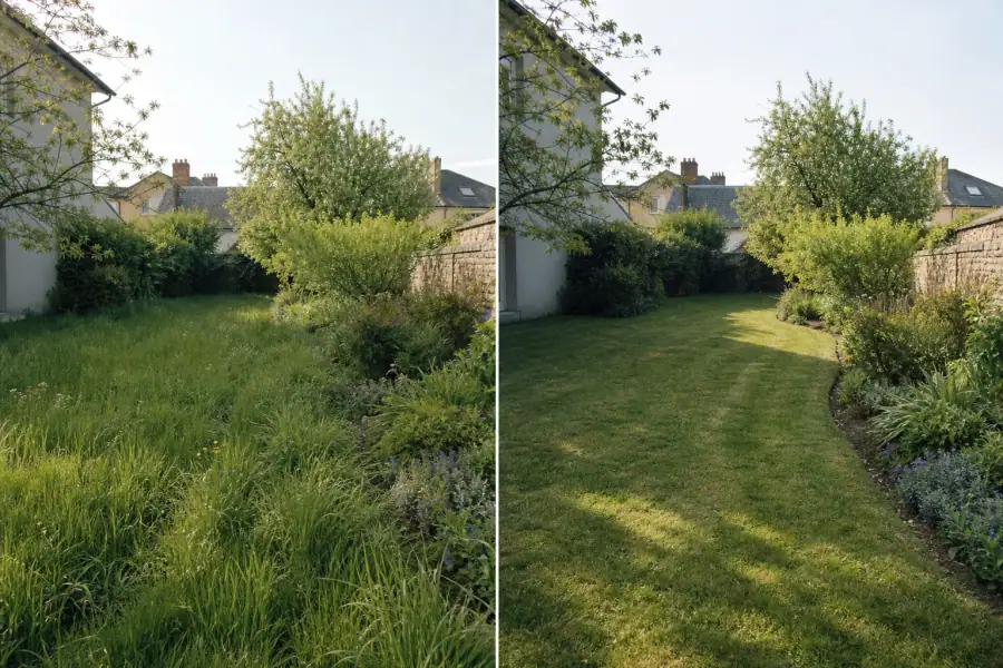 Bande avant/après d'un même jardin de faubourg manceau : à gauche pelouse haute et massif envahi, à droite pelouse tondue net et bordure au cordeau, même angle, même lumière.
