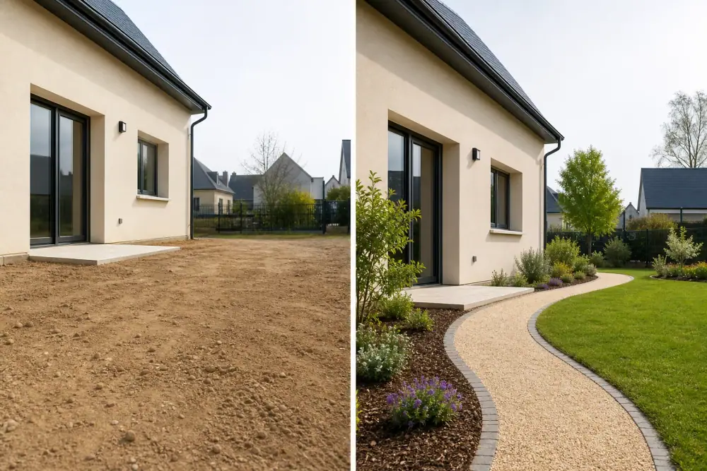 Photo avant et après d'un terrain nu et tassé transformé en jardin engazonné avec allée et bordures, prise sur un pavillon récent de banlieue résidentielle.