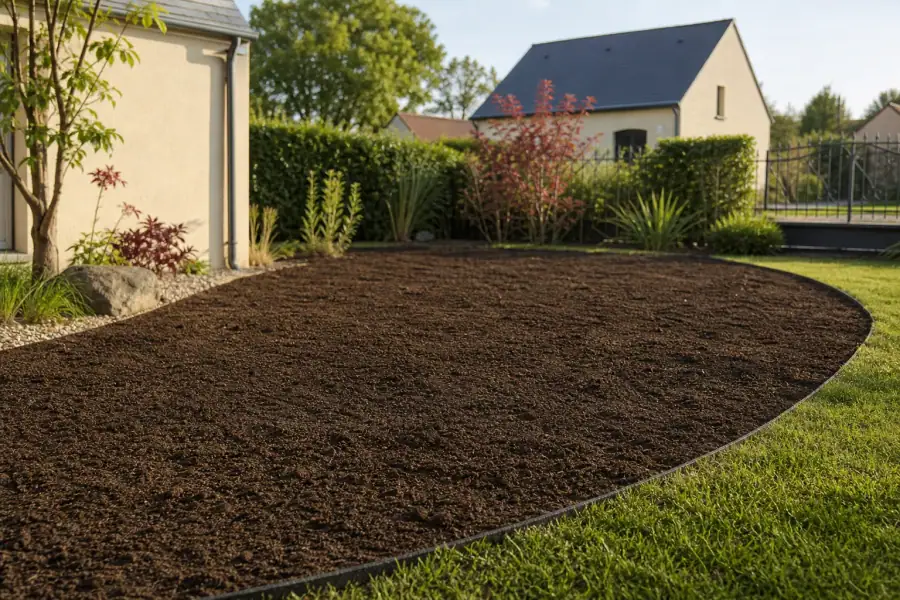 Jardinier préparant un terrain fraîchement nivelé pour un semis de gazon dans un jardin pavillonnaire de la région du Mans, terre végétale visible, lumière douce de fin d'après-midi.