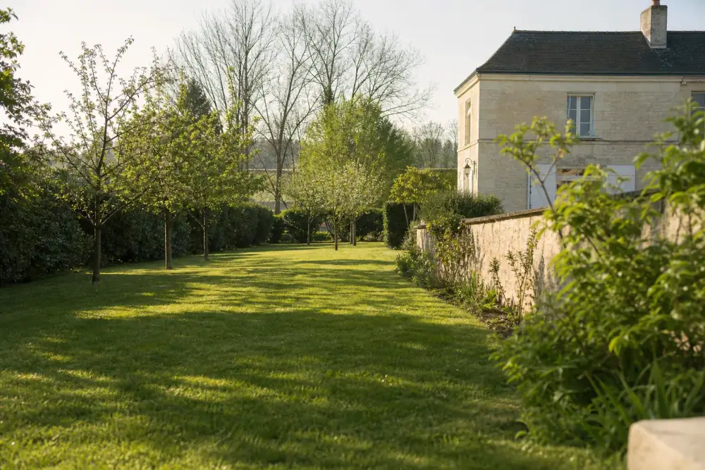 Jardin de campagne aux abords de Changé : grande pelouse tondue net bordée d'une haie taillée et de fruitiers, en léger contrebas d'une maison ancienne en tuffeau, lumière douce de fin d'après-midi, cadrage large horizontal qui donne à voir l'espace et le calme rural.