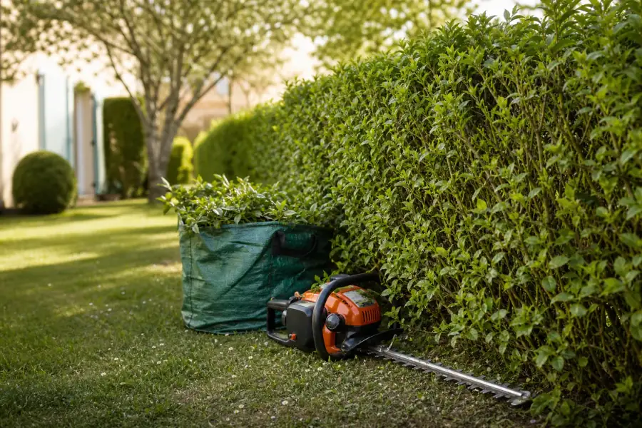 Jardinier taillant une haie avec un taille-haie thermique, déchets verts rassemblés proprement au sol dans un sac de collecte, jardin résidentiel net autour.