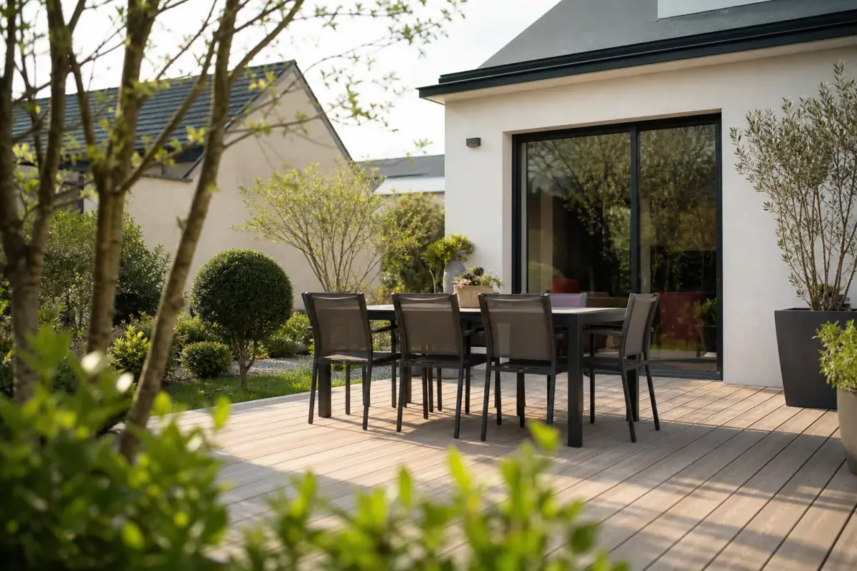 Photo d'une belle terrasse résidentielle au Mans en fin d'après-midi : lames de bois clair parfaitement alignées ou dalles de pierre nettes, mobilier de repas, façade de maison en fond, ambiance soignée et lumineuse qui met la propriété en valeur.