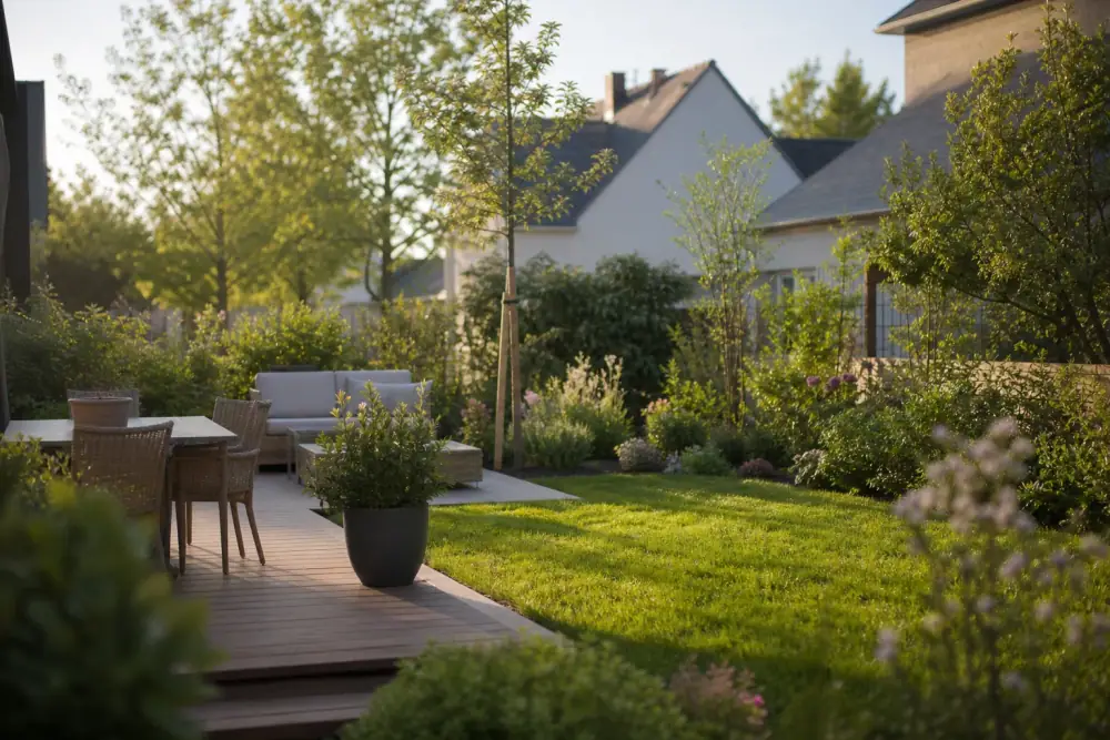 Photo d'un jardin résidentiel fraîchement créé au Mans : terrasse en bois, jeune pelouse verte bien nette, massifs plantés et haie basse, lumière douce de fin d'après-midi, ambiance soignée et paisible.