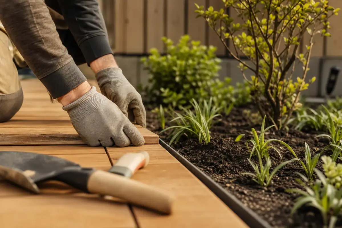 Gros plan sur la pose d'une terrasse en bois et d'un massif fraîchement planté, mains gantées d'un professionnel au travail, outillage propre posé au sol.
