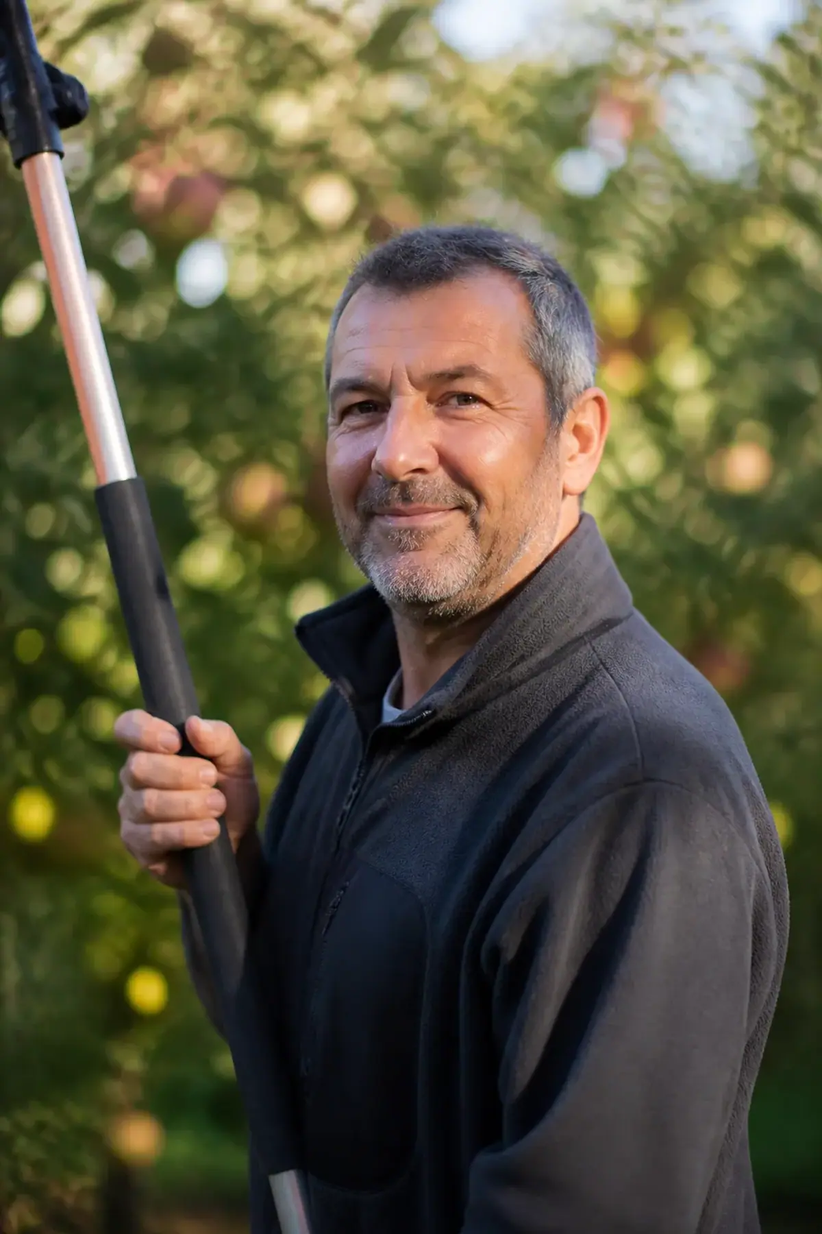 Portrait d'un homme d'une cinquantaine d'années, veste polaire de travail, une perche d'élagage à la main, arbre fruitier de jardin flou derrière lui, sourire discret, cadrage buste, lumière chaude.