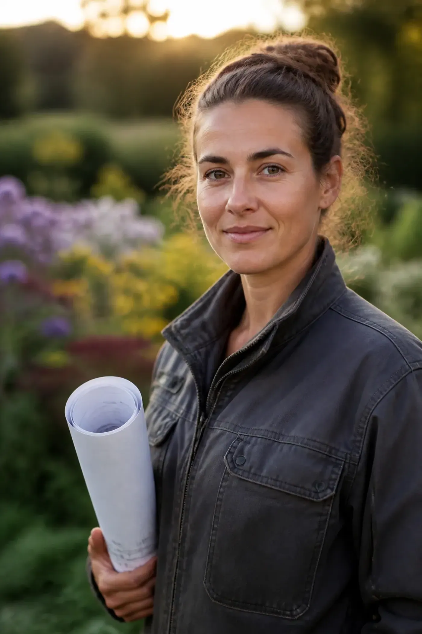 Portrait en extérieur d'une femme d'une trentaine d'années, veste de travail, un plan de jardin roulé à la main, massif fleuri de vivaces flou derrière elle, expression posée et avenante, cadrage buste, lumière de fin de journée.