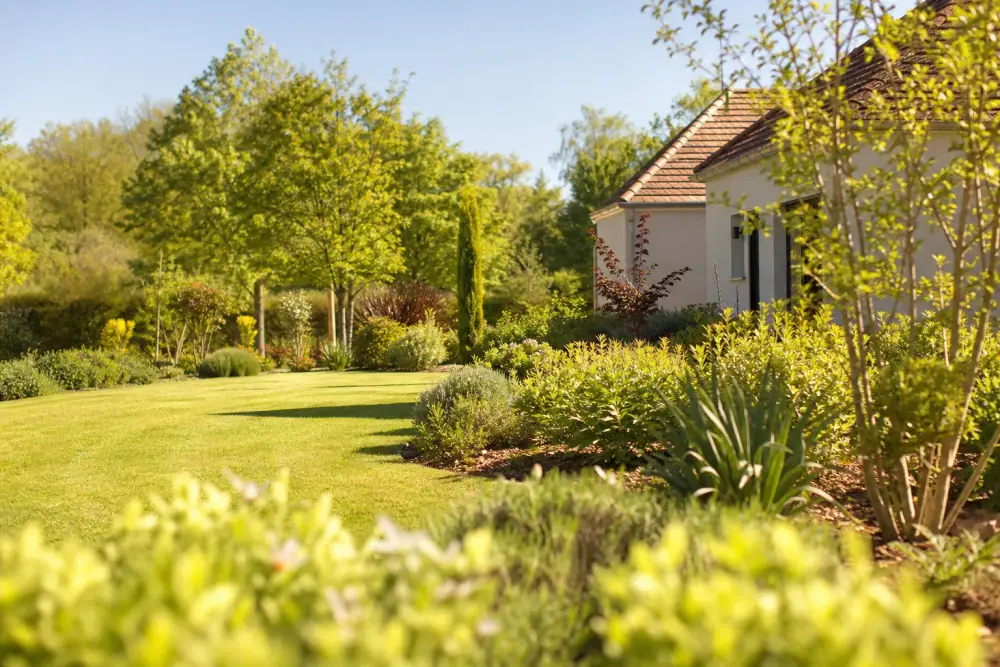 Un jardin pavillonnaire soigné sur un plateau ensoleillé, pelouse dense et rase baignée de lumière franche, massifs paillés et lisière d'arbres feuillus en arrière-plan. Lumière chaude de milieu de journée, ambiance dégagée et lumineuse de plateau boisé, loin de toute rivière. Cadrage large horizontal, sans personne ni marque visible.