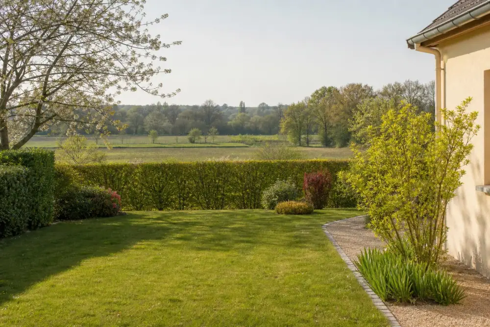 Jardin pavillonnaire net au nord du Mans dont la pelouse fraîchement tondue et la haie taillée laissent deviner, en arrière-plan, l'ouverture sur des terres agricoles et une ligne d'arbres de campagne. Lumière claire de fin de matinée, ambiance qui mêle le soigné du lotissement et le calme des champs, cadrage large horizontal, sans personne ni marque visible.