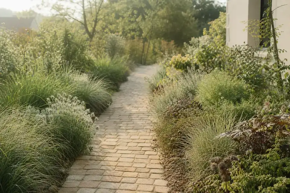 Allée en pavés bordée d'une bordure végétale de graminées et de vivaces basses, terrain légèrement en pente, jardin caractéristique de la région du Mans.