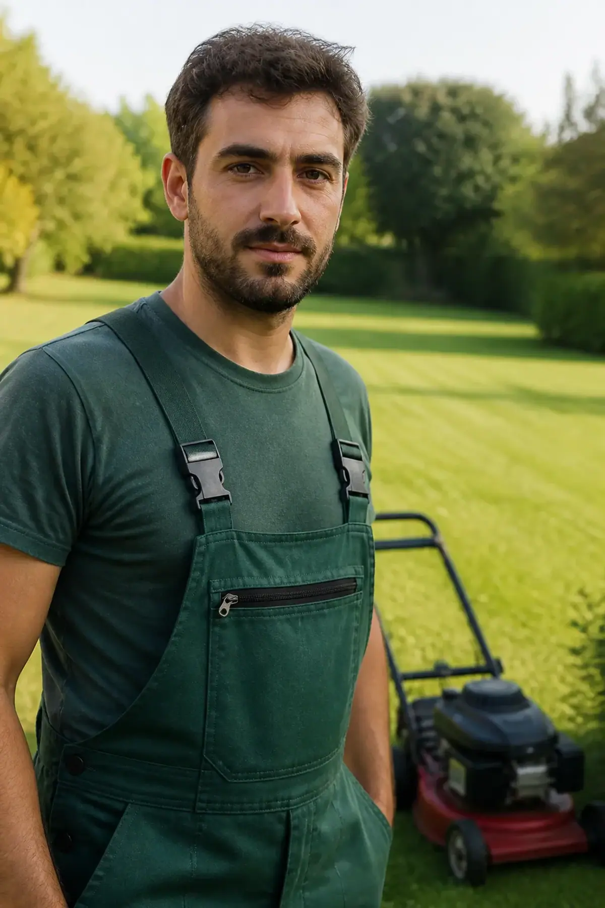 Portrait d'un homme d'une trentaine d'années en tenue de jardinier, debout près d'une tondeuse thermique, pelouse fraîchement tondue en arrière-plan flou, regard franc, cadrage buste, ambiance de matinée claire.