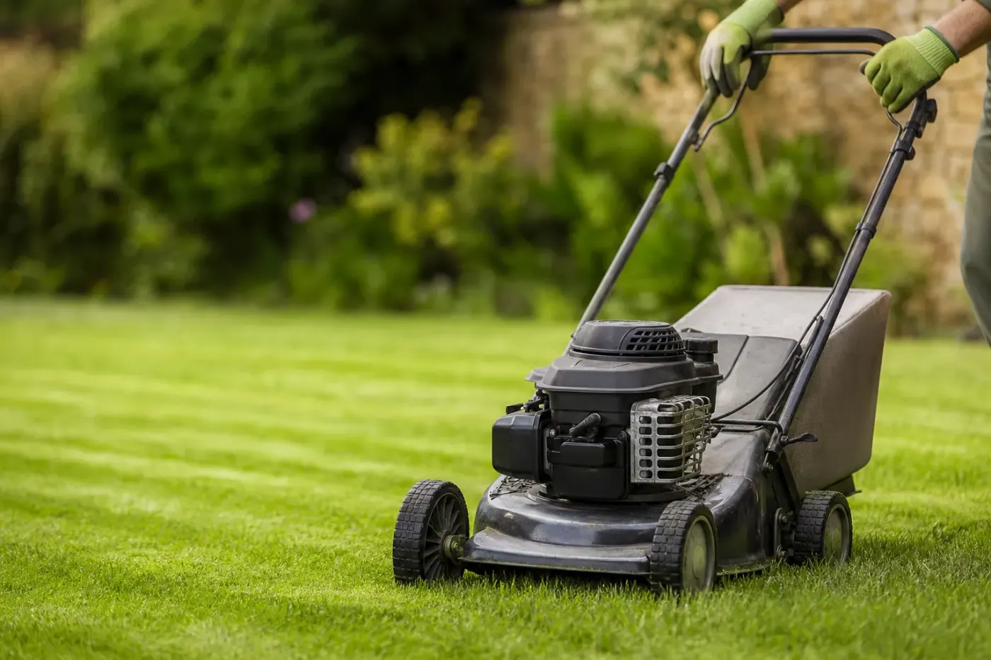 Gros plan sur une tondeuse professionnelle en action sur une pelouse verte, bandes de tonte régulières visibles, mains gantées du jardinier sur le guidon.