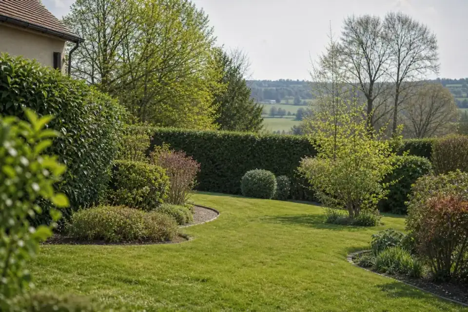 Jardin de bourg soigné sur les hauteurs au nord-est du Mans, avec une haie dense et bien taillée servant de rideau en fond de parcelle, une pelouse tondue en léger relief et des bordures nettes. Lumière claire de matinée, ambiance de village calme et abrité malgré la campagne ouverte au loin, cadrage large horizontal, sans personne ni marque visible.
